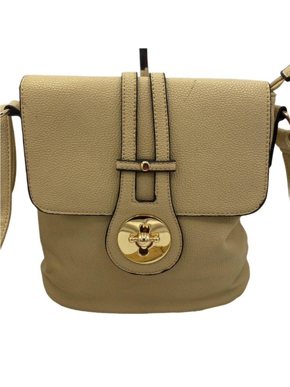 Beige Pebbled Vegan Leather Crossbody Bag Gold Turn Lock Flap Purse